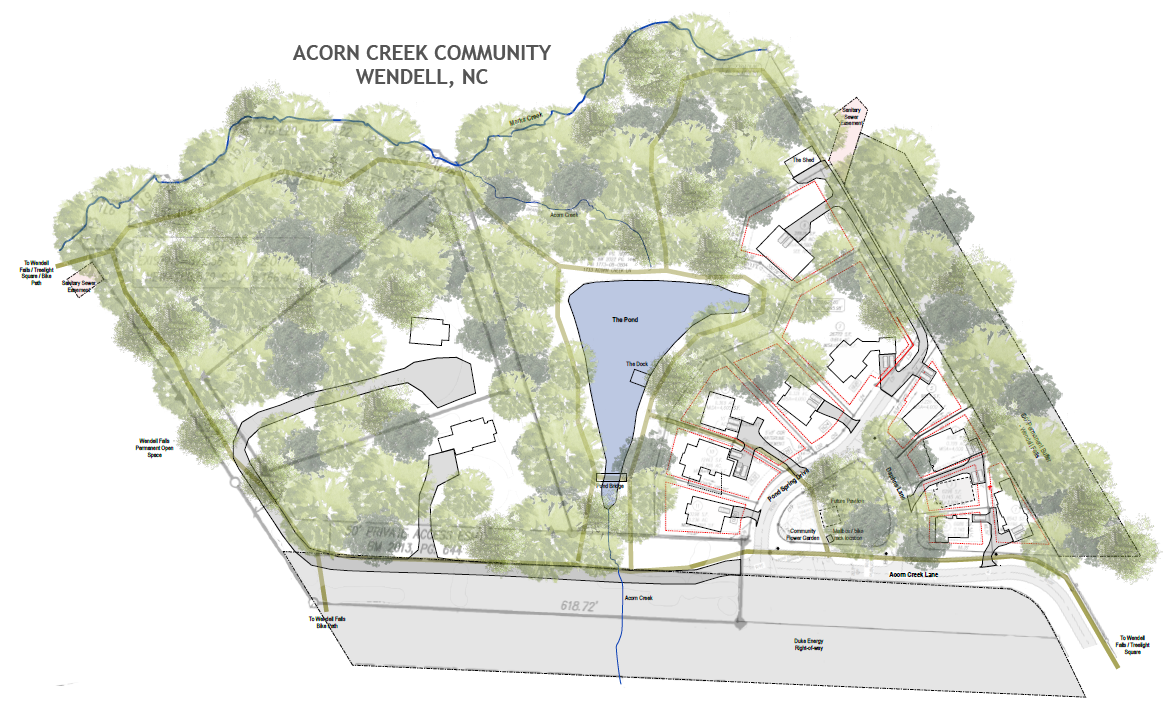 Map showing nine houses clustered around a circle drive, a pond, two houses behind the pond and another house off on the right edge of the pond. The map shows a great deal of tree coverage.